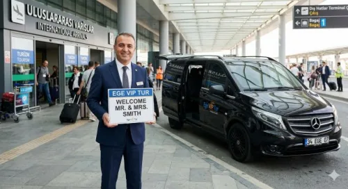 Dalaman Havalimanı terminal çıkışında, üzerinde misafir isminin yazılı olduğu bir tabela ile bekleyen profesyonel VIP karşılama görevlisi ve arka planda hazır bekleyen lüks siyah Mercedes Vito transfer aracı.
