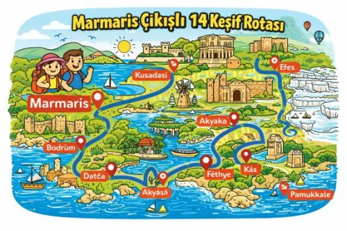 Marmaris çıkışlı Datça, Akyaka, Fethiye, Kaş, Efes ve Pamukkale rotalarına özel VIP transfer ve keşif turu planlaması görseli.