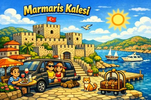 Marmaris Kalesi, koylar, plajlar ve doğa rotalarına uzanan VIP transfer ve özel keşif planlarını gösteren görsel.