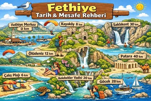 Fethiye’de Telmessos, Kayaköy, Ölüdeniz, Saklıkent ve çevre rotalarını VIP transfer, tarih ve mesafe planlamasıyla gösteren görsel.