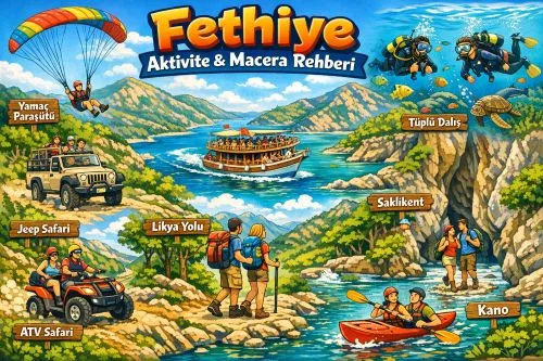 Fethiye’de Ölüdeniz, Babadağ, Saklıkent, Kabak ve Göcek aktivitelerini VIP transfer ve günlük gezi planlamasıyla gösteren görsel.