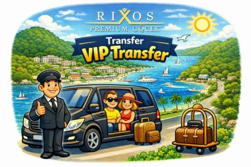 Dalaman Havalimanı'ndan lüks Rixos Premium Göcek Suites & Villas girişine profesyonel karşılama ile doğrudan ulaşım sağlayan VIP Mercedes Vito transfer aracı.
